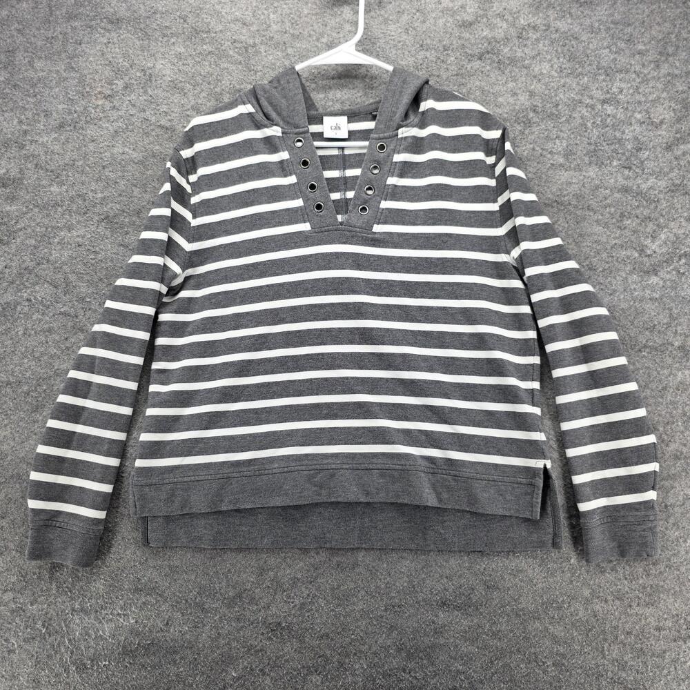 cabi Hoodie Womens Small Gray White Striped Grommet V-Neck Pullover 5324